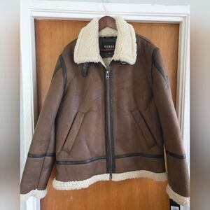 Men's Vegan Suede Sherpa XL Brown Jacket Guess Aviator Pilot